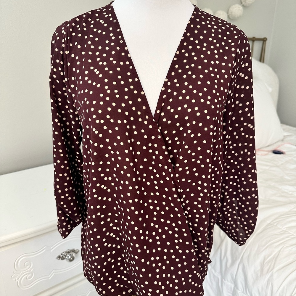 West Kei Maroon and White Polka Dot Faux Wrap Blouse S Coquette Coastal Career